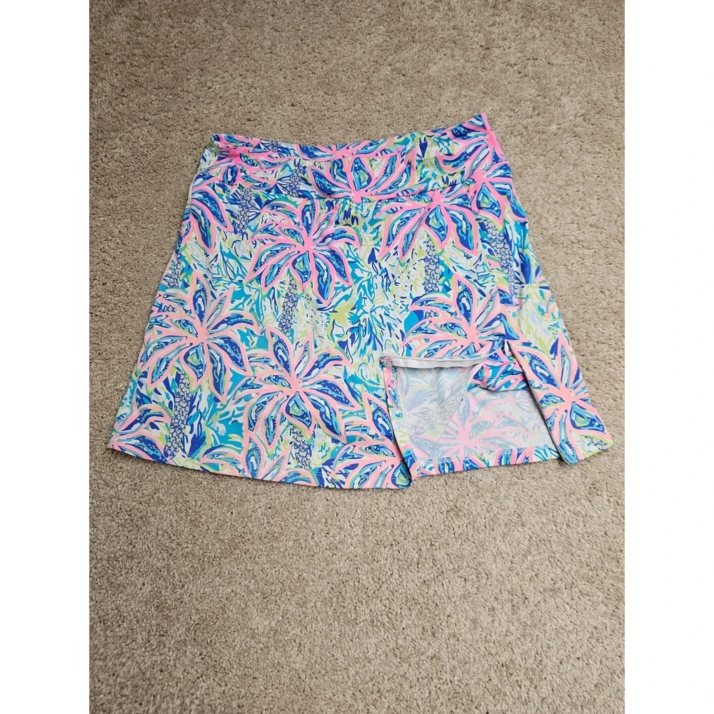Lulu-B Tropical Palm Print Skort Pink Blue Green Small UPF 50+ Pocket Activewear